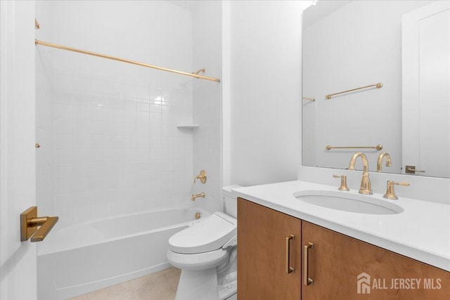 full bath with shower / bath combination, tile patterned flooring, toilet, and vanity