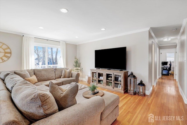 16 Dutch Valley Rd, Howell, NJ 07731 - living area with baseboards, light wood-style flooring, crown molding, and recessed lighting