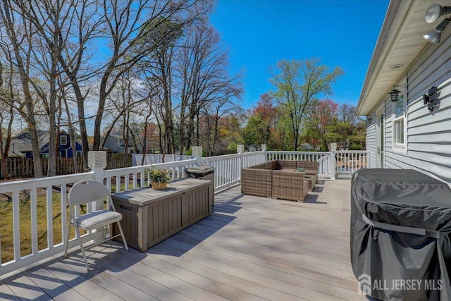 16 Dutch Valley Rd, Howell, NJ 07731 - wooden deck featuring an outdoor hangout area, area for grilling, and fence