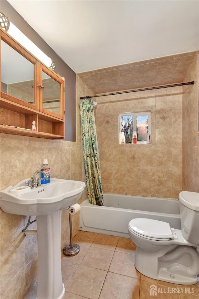 54 E Greystone Rd, Old Bridge, NJ 08857 - full bath with toilet, tile walls, shower / bath combo, tile patterned flooring, and a sink