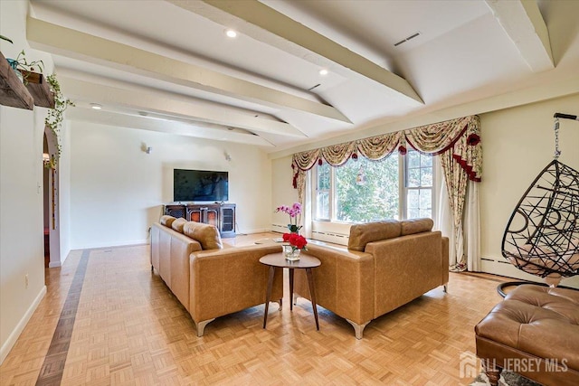 living room featuring light parquet flooring and beam ceiling