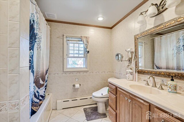 full bathroom featuring toilet, tile walls, tile patterned floors, crown molding, and a baseboard radiator