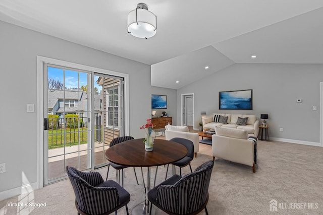 3 Bristol Ct Unit D, Monroe, NJ 08831 - dining space with baseboards, lofted ceiling, recessed lighting, and light carpet
