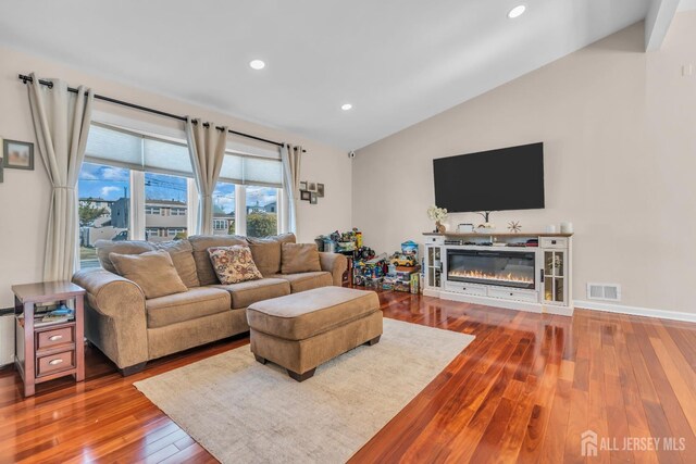 living room featuring lofted ceiling and wood-type flooring