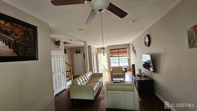 76 Tennyson Rd, East Windsor, NJ 08520 - living room featuring dark wood-type flooring, ceiling fan, stairway, and recessed lighting