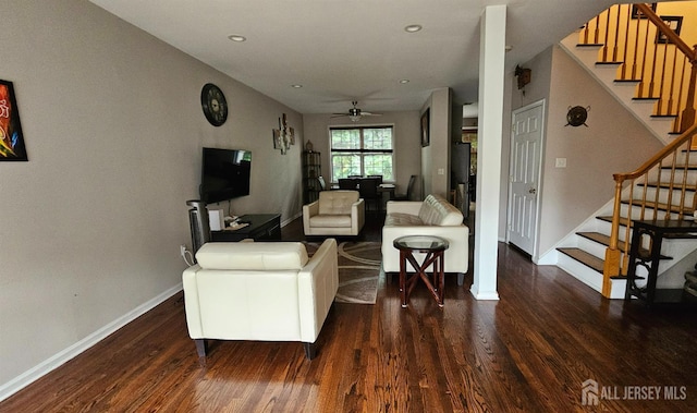 76 Tennyson Rd, East Windsor, NJ 08520 - living area featuring ceiling fan, wood finished floors, stairs, and recessed lighting