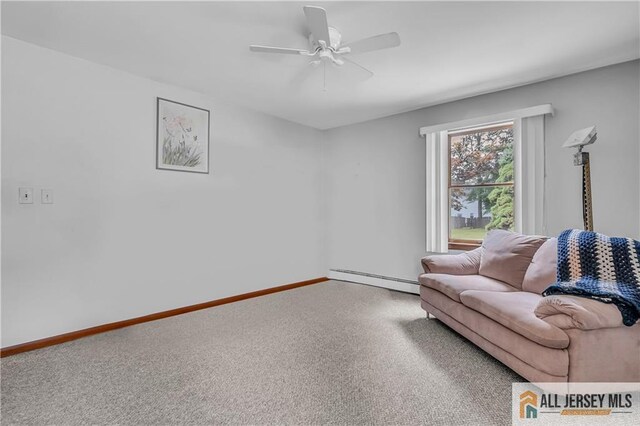 706 Wood Ave, North Brunswick, NJ 08902 - living room with a baseboard radiator, carpet floors, and ceiling fan