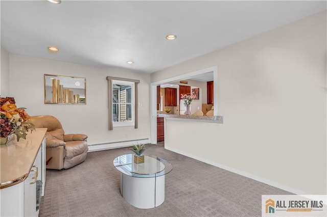 706 Wood Ave, North Brunswick, NJ 08902 - living area featuring baseboard heating, carpet, and recessed lighting