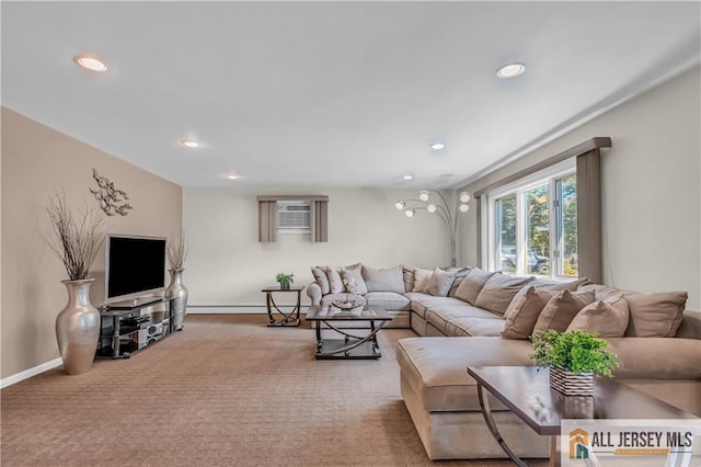 706 Wood Ave, North Brunswick, NJ 08902 - living room featuring recessed lighting, carpet, and baseboard heating