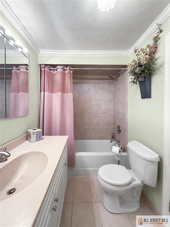 706 Wood Ave, North Brunswick, NJ 08902 - full bath featuring vanity, tile patterned floors, crown molding, shower / tub combo with curtain, and a textured ceiling
