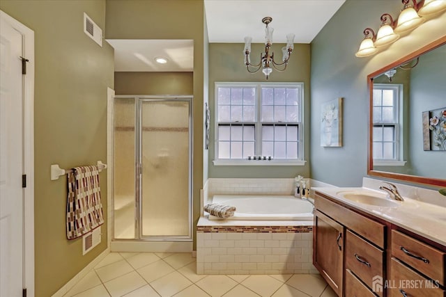 bathroom featuring a garden tub, tile patterned floors, vanity, and a shower stall