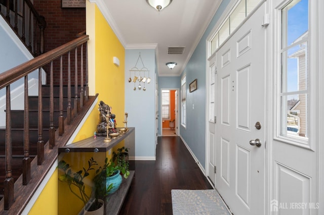 31 Morris Ln, Cranbury, NJ 08512 - entryway with ornamental molding, dark wood finished floors, stairway, and baseboards