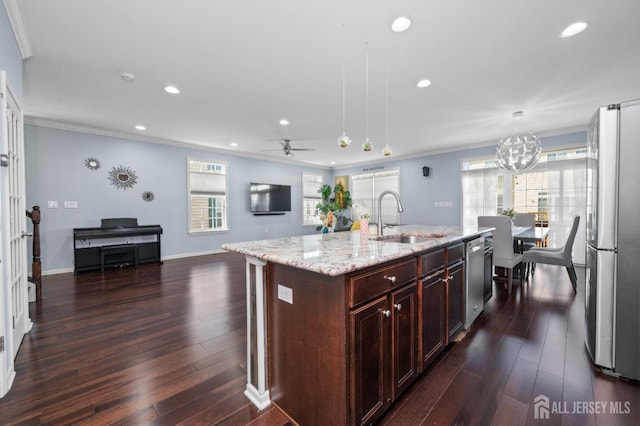 31 Morris Ln, Cranbury, NJ 08512 - kitchen with stainless steel appliances, a sink, crown molding, dark wood-style flooring, and open floor plan