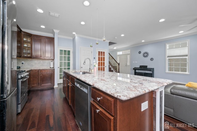 31 Morris Ln, Cranbury, NJ 08512 - kitchen featuring stainless steel appliances, a sink, crown molding, dark wood finished floors, and light stone counters