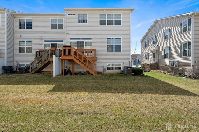 31 Morris Ln, Cranbury, NJ 08512 - rear view of property with stairway, central air condition unit, a lawn, and a deck