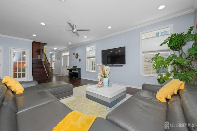 31 Morris Ln, Cranbury, NJ 08512 - living room featuring wood finished floors, recessed lighting, a ceiling fan, ornamental molding, and stairs