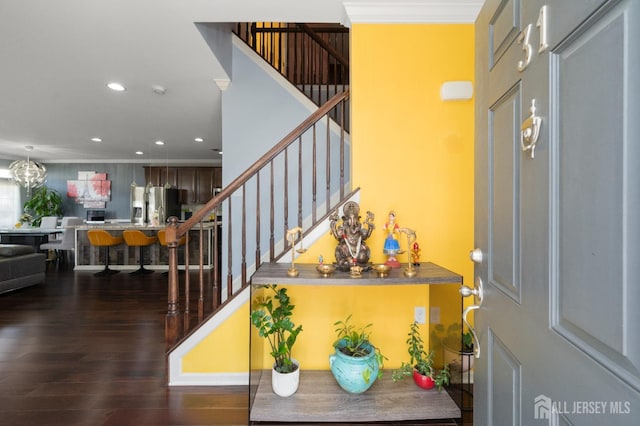 31 Morris Ln, Cranbury, NJ 08512 - entryway with stairway, wood finished floors, recessed lighting, and ornamental molding