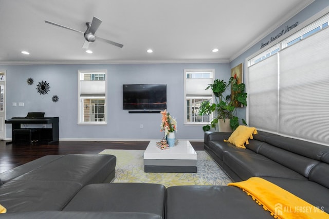 31 Morris Ln, Cranbury, NJ 08512 - living room with wood finished floors, recessed lighting, crown molding, ceiling fan, and baseboards