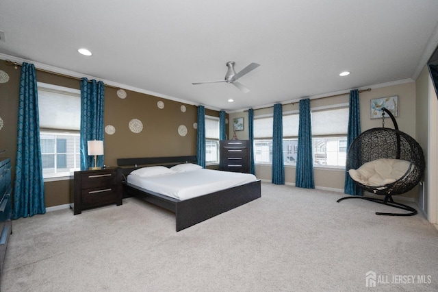 31 Morris Ln, Cranbury, NJ 08512 - bedroom featuring crown molding, baseboards, carpet flooring, recessed lighting, and a ceiling fan