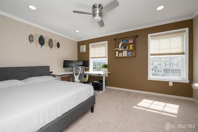 31 Morris Ln, Cranbury, NJ 08512 - bedroom with ornamental molding, light carpet, recessed lighting, baseboards, and ceiling fan