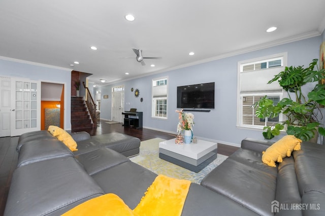 31 Morris Ln, Cranbury, NJ 08512 - living room with recessed lighting, stairway, a ceiling fan, wood finished floors, and baseboards