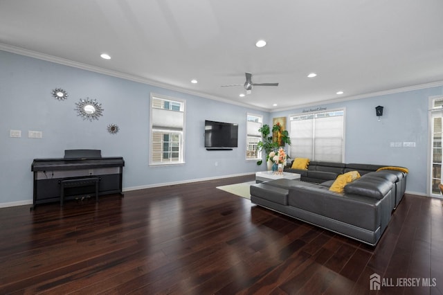 31 Morris Ln, Cranbury, NJ 08512 - living area with a ceiling fan, wood finished floors, recessed lighting, ornamental molding, and baseboards