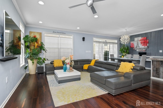 31 Morris Ln, Cranbury, NJ 08512 - living area with hardwood / wood-style floors, baseboards, recessed lighting, ceiling fan, and ornamental molding