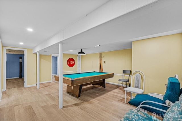game room with light wood-style flooring, pool table, baseboards, and recessed lighting