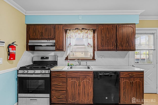 kitchen with dishwasher, stainless steel gas stove, a sink, ornamental molding, and light countertops