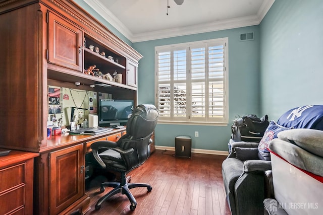 office with ceiling fan, dark hardwood / wood-style flooring, crown molding, and plenty of natural light