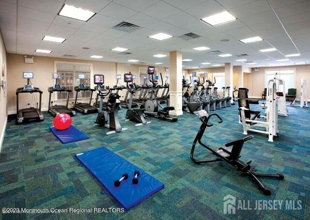 workout area with a paneled ceiling and carpet