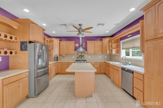 kitchen featuring open shelves, appliances with stainless steel finishes, a sink, wall chimney exhaust hood, and visible vents