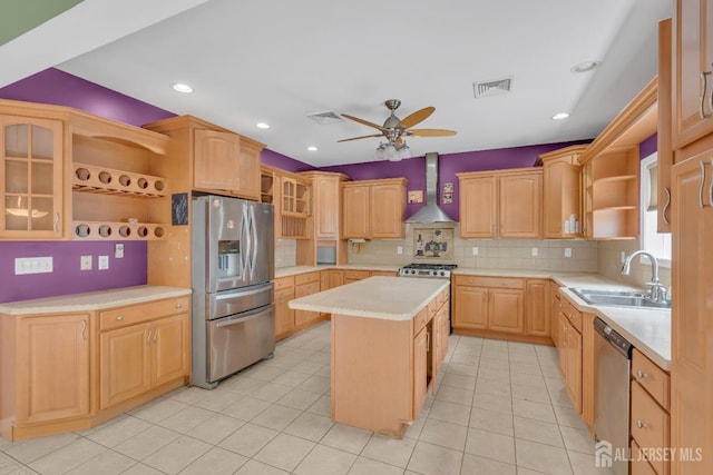 104 George St, South River, NJ 08882 - kitchen with appliances with stainless steel finishes, open shelves, wall chimney range hood, tasteful backsplash, and a kitchen island
