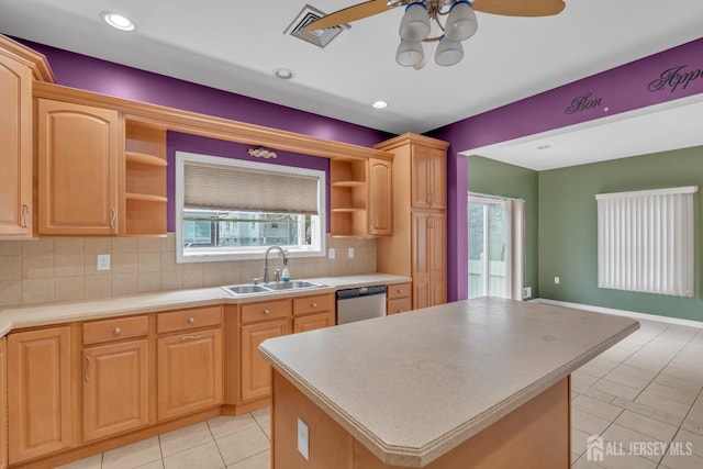 kitchen featuring stainless steel dishwasher, open shelves, a ceiling fan, visible vents, and a sink