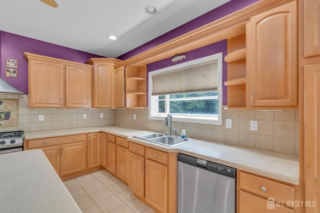 kitchen with light countertops, open shelves, a sink, and stainless steel appliances