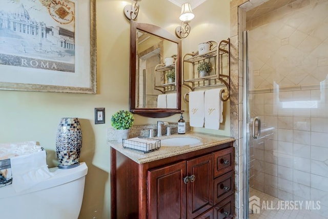 bathroom with a stall shower, toilet, and vanity