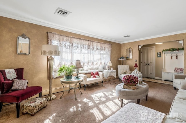 living area with visible vents, baseboards, and crown molding