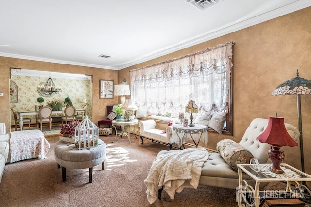 carpeted living room featuring crown molding, visible vents, and a chandelier