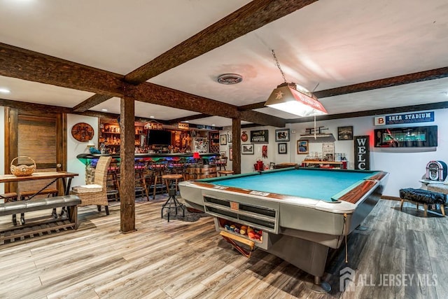 playroom with beamed ceiling, visible vents, billiards, wood finished floors, and a bar