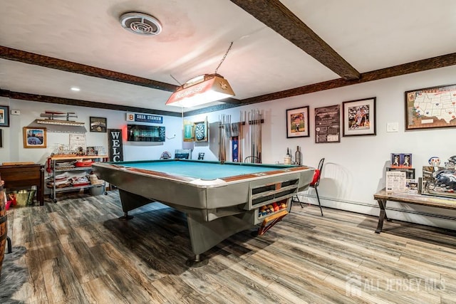 playroom featuring beamed ceiling, pool table, and wood finished floors