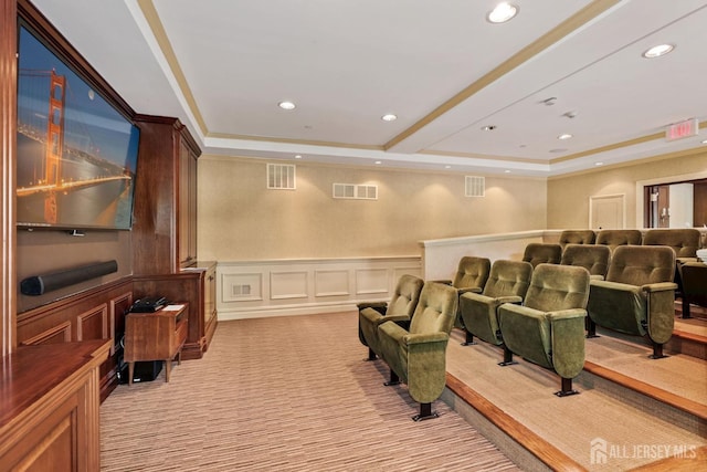 home theater room with light carpet, a decorative wall, recessed lighting, and visible vents