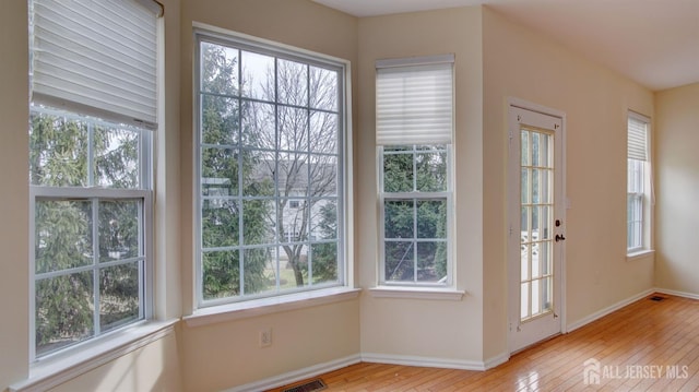 doorway with a healthy amount of sunlight and light hardwood / wood-style floors