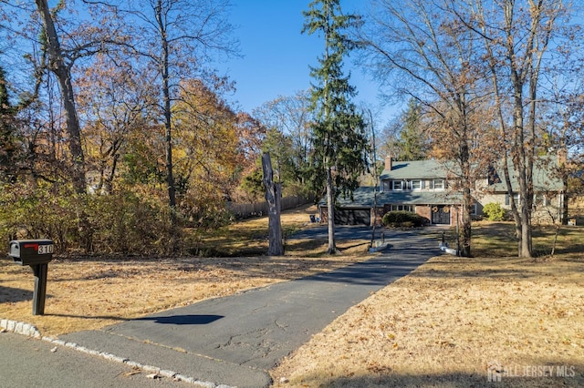 view of front of house with driveway and a chimney