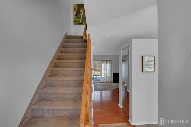 staircase with hardwood / wood-style floors