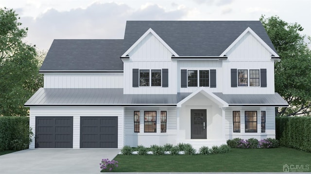 modern farmhouse style home featuring a garage and a front yard