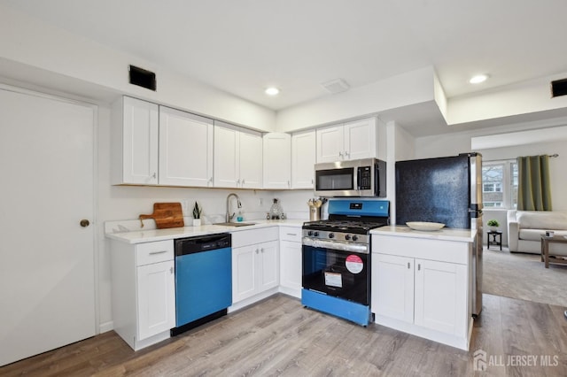 kitchen with light wood finished floors, stainless steel appliances, a sink, and light countertops