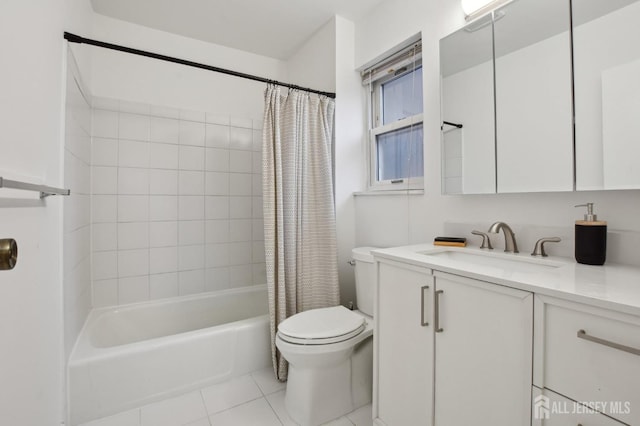 bathroom featuring shower / tub combo, vanity, toilet, and tile patterned floors