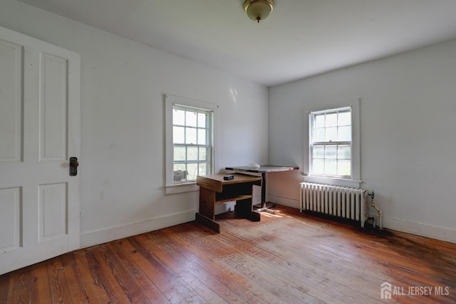 office with radiator, wood-type flooring, healthy amount of natural light, and baseboards