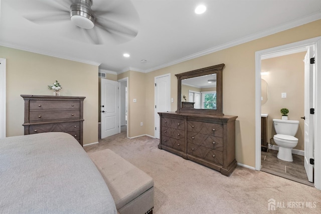 carpeted bedroom featuring baseboards, crown molding, recessed lighting, connected bathroom, and a ceiling fan