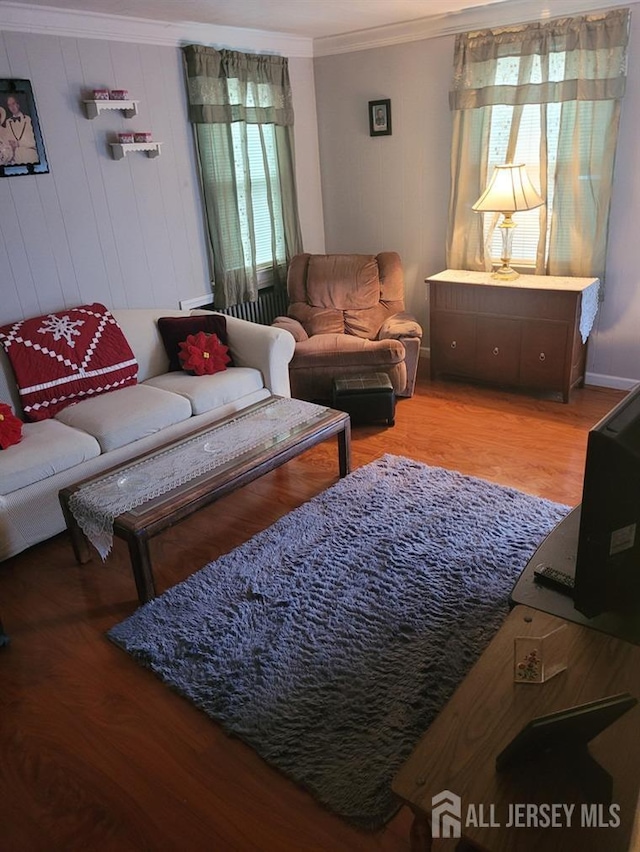 living area featuring wood finished floors and crown molding